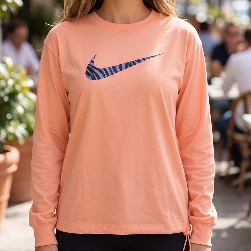 Nike Long Sleeve Shirt Peach Zebra Print Swoosh Adjustable Hem Top